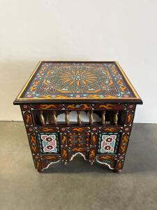 Moroccan Moorish Hand-Painted Wooden Side Table, Geometric Design, Multi-Color, 18"x18"x21" Approx.