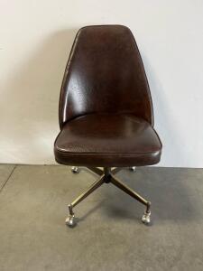 Mid-Century Modern High-Back Rolling Office Chair, Brown Vinyl Upholstery, Metal Base, No Arms