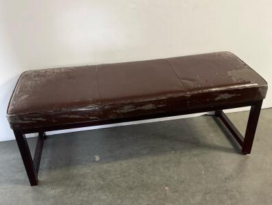 Dark Brown Wood Padded Bench, Vinyl Seat, Approx. 36"x14"x19", No Storage, Heavy Wear