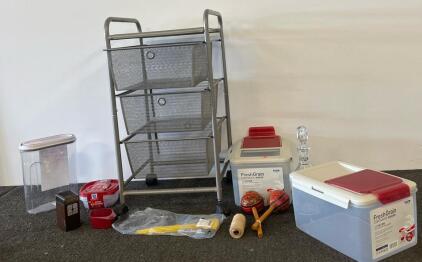 Mixed Household Lot: Mesh Rolling Storage Cart, Fresh Grain Bins, Crystal Decanter, Maracas, More