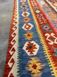Handwoven Turkish Kilim Rug 9x8 ft &ndash; Tribal Geometric Wool Flatweave, Multicolored, Cloth Backed