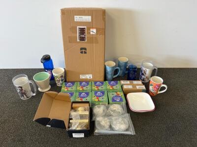 Large Lot: Wall Rack Shelf, 8 Home Future Deodorizers, 7 Mugs, Plates, Handle & More