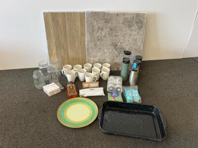 Mixed Lot Household Goods: Mugs, Glass Jars, Travel Bottles, Beauty Items, Roasting Pan, Vinyl Panels