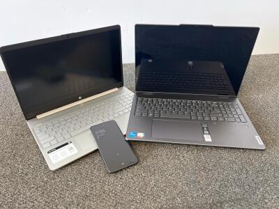 Lenovo IdeaPad 3 17" Intel i5, HP 15" Ryzen Laptop, Samsung Galaxy S21 5G Bundle (No Chargers For Laptops Can&rsquo;t Test, Phone Is Locked)
