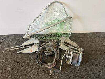Boat Accessories Lot: Trailer Winch, 12V Anchor Motor, 2 Fluke Anchors, 3ft Landing Net