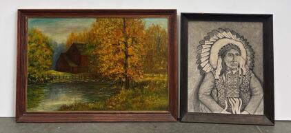 Framed Original Oil Painting of Barn Landscape and Framed Portrait Drawing of Native American Elder