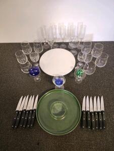 Chicago Cutlery Steak Knives, Assorted Glassware, Ceramic Serving Dishes, Decorative Glass Items
