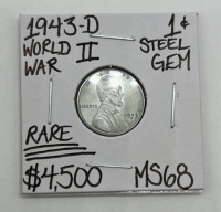 1943-D MS68 Rare World War 2 Steel Gem Penny