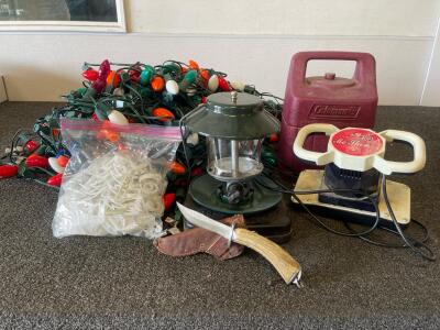 Vintage Coleman Lantern with Case & Antler Handle Hunting Knife with Sheath Plus Christmas Lights & More