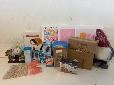 Household Mixed Lot: Artena 9" Spoon Set, Wolf Clock, Cat Diffuser, Gnome, Wall Art, Health Care
