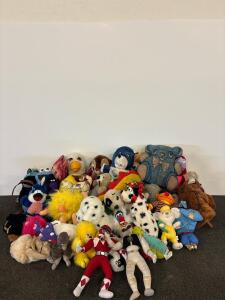 Collection of 28 Plush Toys Featuring Power Rangers, 101 Dalmatians, Vintage Cartoon Characters
