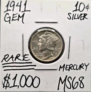 1941 MS68 RARE Gem Silver Mercury Dime