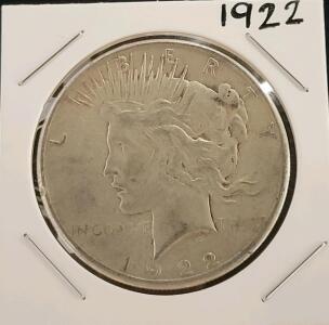 1922 Peace Dollar Silver Coin, Liberty Head, Eagle Reverse, 90% Silver, Reeded Edge