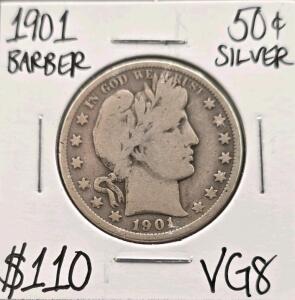 1901 VG8 Silver Barber Half Dollar