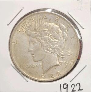 1922 Peace Dollar Silver Coin, 90% Silver, 26.73g, 38.1mm Diameter