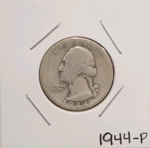 1944 Washington Quarter, Philadelphia Mint, 90% Silver, Circulated in 2x2 Flip