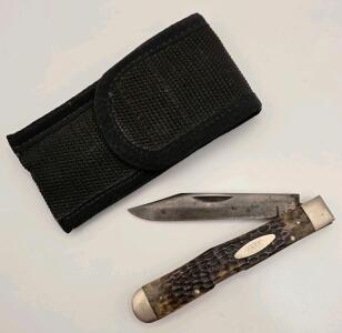 (1) Vintage Case XX Bone Handled Pocket Knife W/ Velcro Sheath