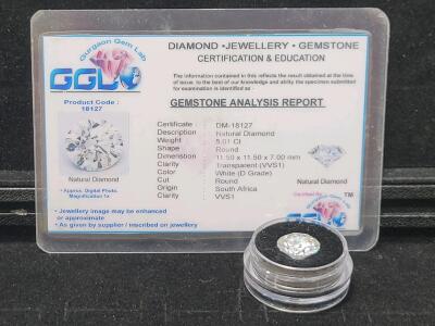 Consigner States 5.01 Ct Round Diamond, D Color, VVS1 Clarity, 11.5mm, Certified South Africa