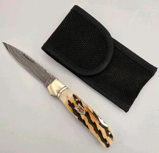 (1) Kissing Crane Stag Handle Damascus Steel Style Pocket Knife W/ Velcro Sheath