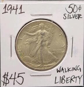 1941 Walking Liberty Half Dollar, 90% Silver, Circulated, Philadelphia Mint