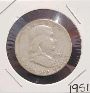 1951 Franklin Half Dollar 90% Silver Circulated, Reverse Obscured, 2x2 Holder