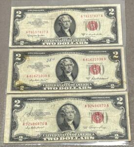 1953 Series $2 Red Seal Notes - 3 Notes (Priest, Granahan, Anderson, Dillon, Humphrey)