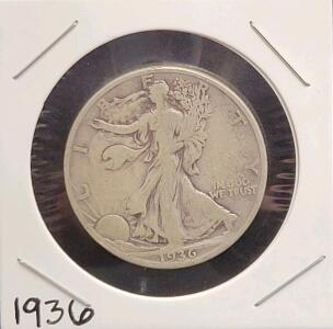 1936 Walking Liberty Half Dollar, 90% Silver, Philadelphia Mint, Circulated Condition