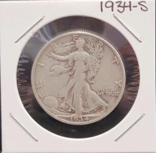 1934-S Walking Liberty Half Dollar, 90% Silver, San Francisco Mint, Key Date, 2.5M Mintage