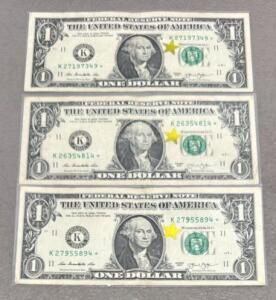 (3) 2013 $1 Federal Reserve Star Notes - Dallas District, Serial Numbers K27197349*, K26354814*, K27955894*
