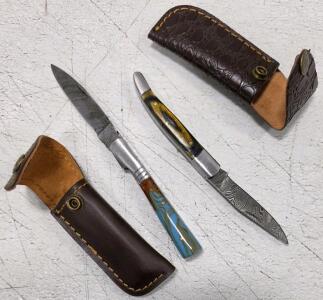 (2) Damascus Steel Pocket Knife With Resin Handle And Sheaths