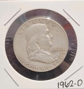 1962-D Franklin Half Dollar 90% Silver, Denver Mint, Circulated, Original Obverse & Reverse