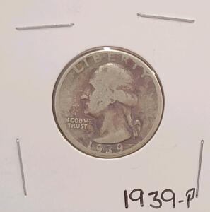1939 Washington Quarter, Silver, Philadelphia Mint, 33.54M Mintage, George Washington Design