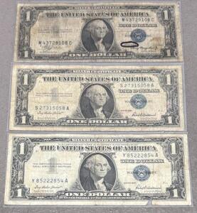 3 US $1 Silver Certificates, Series 1935A & 1957, Blue Seal, George Washington, Collectible Bills
