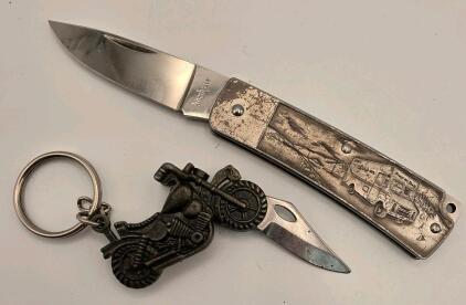 (1) Vintage Kershaw Snap-On 5250 Snap-On Truck Relief Pocket Knife (1) Metal Motorcycle-Shaped Keychain Foldable Knife