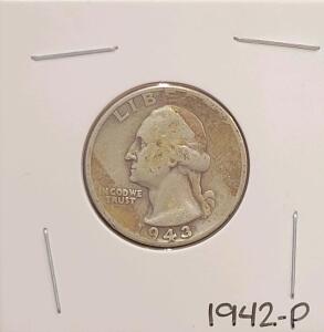 1943 Washington Quarter Dollar, 90% Silver, Philadelphia Mint, George Washington Design