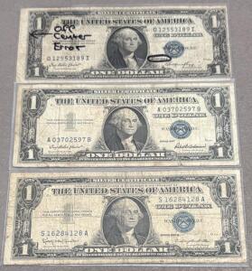 3x U.S. $1 Silver Certificates, Series 1935E & 1957B, Blue Seal, Off-Center Error on One, Circulated