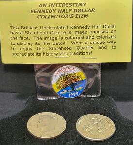 Kennedy Half Dollar & Colorized Connecticut Statehood Quarter Overlay, 1999 Charter Oak Design
