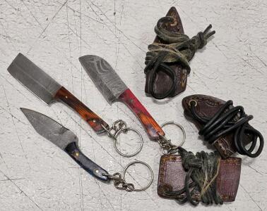 (3) Fixed Blade Damascus Steel Mini Knives Keychains With Sheaths