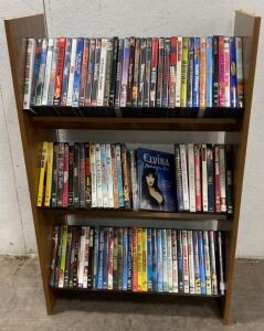 Lot of 135 Assorted Region 1 DVD Movies with 3-Tier Brown Woodgrain Media Shelf, Variety Genres