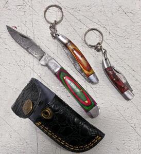 (2) Fixed Blade Damascus Steel Mini Pocket Knife Keychains With Sheaths (1) Damascus Steel Pocket Knife With Resin Handle And Sheath