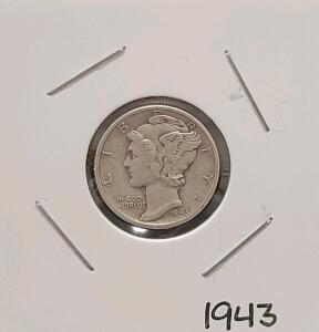 1943 Mercury Dime, 90% Silver, Philadelphia Mint, Average Circulated Condition