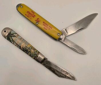 (1) Vintage Coca Cola 5 Cents Bottle Advertising Pocket Knife (1) Vintage Novelty Flamingo Pocket Knife