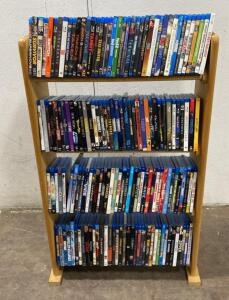 Large Blu-ray & DVD Movie Collection (~120 Titles) with 3-Shelf Wooden Media Rack, Light Wood Finish- Terminator- Vise and More