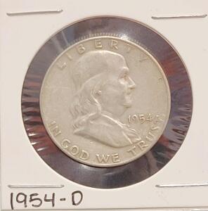 1954-D Franklin Half Dollar, Denver Mint, 90% Silver, Circulated, Liberty Bell Reverse