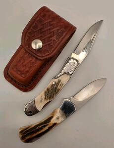 (1) Gerber Double Bolster Stag Folding Pocket Knife W/ Leather Sheath (1) Unbranded Stag Handle Pocket Knife