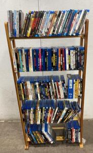 120 Mixed Blu-ray & DVD Movies Collection with 5-Shelf Wooden Media Rack, Action, Comedy, Sci-Fi - Oceans 11 - Mean Girls and More