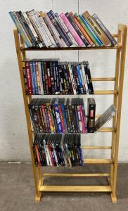 Large Wooden DVD Shelf with 70 Mixed Genre Movie DVD Collection Including Boxed Sets & Classics- Chaplin Collection- Land Befoe Time and More