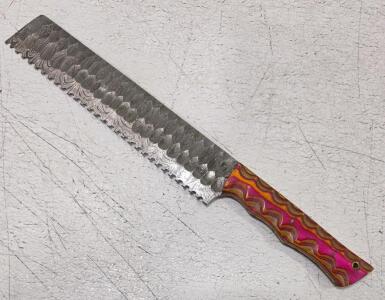 (1) Fixed Blade Damascus Steel Serrated Kitchen Knife With Wood Handle