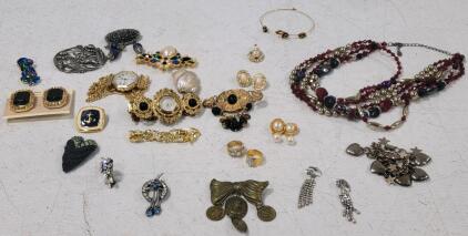Assorted Costume Jewelry including: Brooches, Earrings, & Necklaces