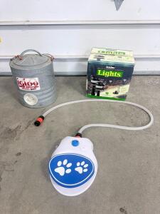 Vintage Igloo 2-Gal Galvanized Water Cooler & Step-On Dog Water Fountain Pedal w/ Hose